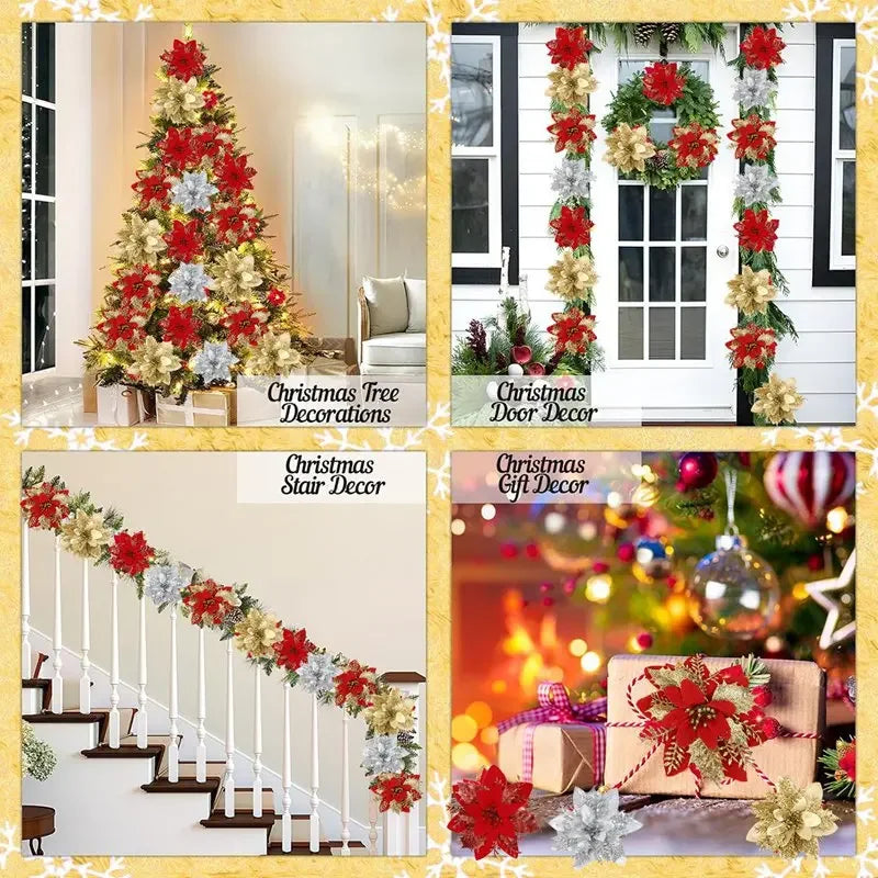 Glitter Artificial Poinsettia Christmas Tree Ornaments