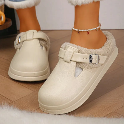 Waterproof Furry Mule Slippers – Women's Winter Clogs with Buckle