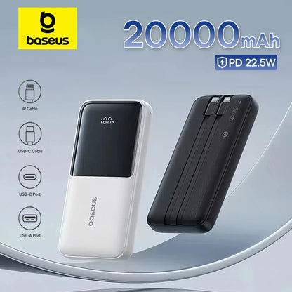 Baseus 20000mAh Power Bank – 22.5W PD Fast Charging with Built-In Cables