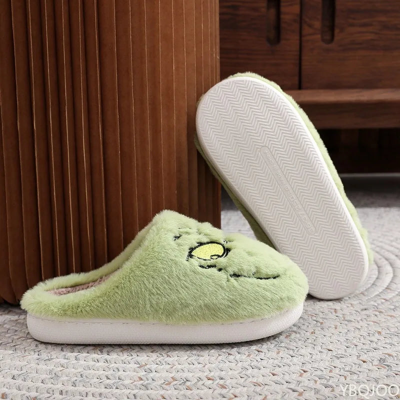 Green Monster Plush Slippers – Cozy Fuzzy Indoor Home Shoes