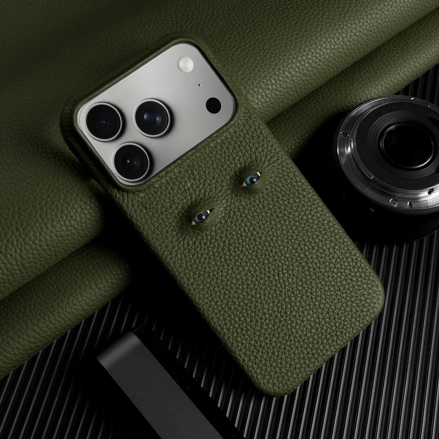 Eyes Lychee Genuine Leather iPhone Case