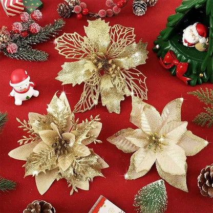 Glitter Artificial Christmas Poinsettia Flowers – 8 or 16 Piece Set