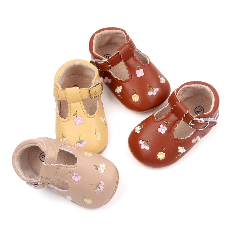 Baby Girl Embroidered Flower T-Strap Mary Jane Shoes