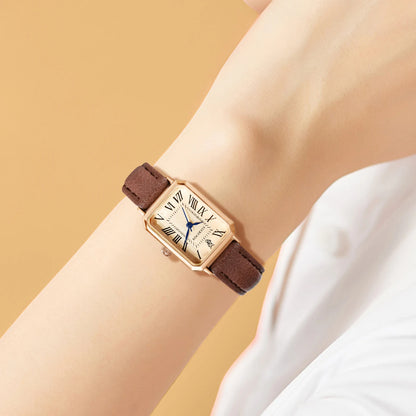 Women's Square Dial Quartz Watch with Leather Strap