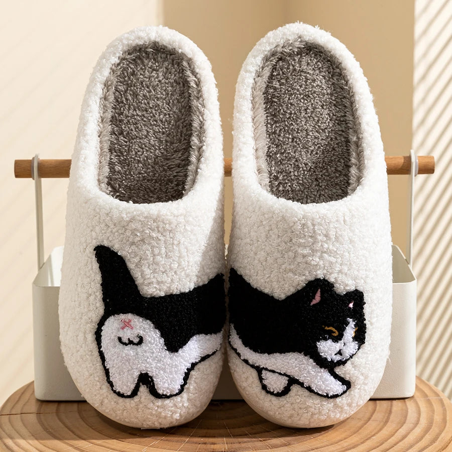 Cartoon Cat Winter Slippers for Women – Soft Plush Anti-Slip Indoor House Shoes