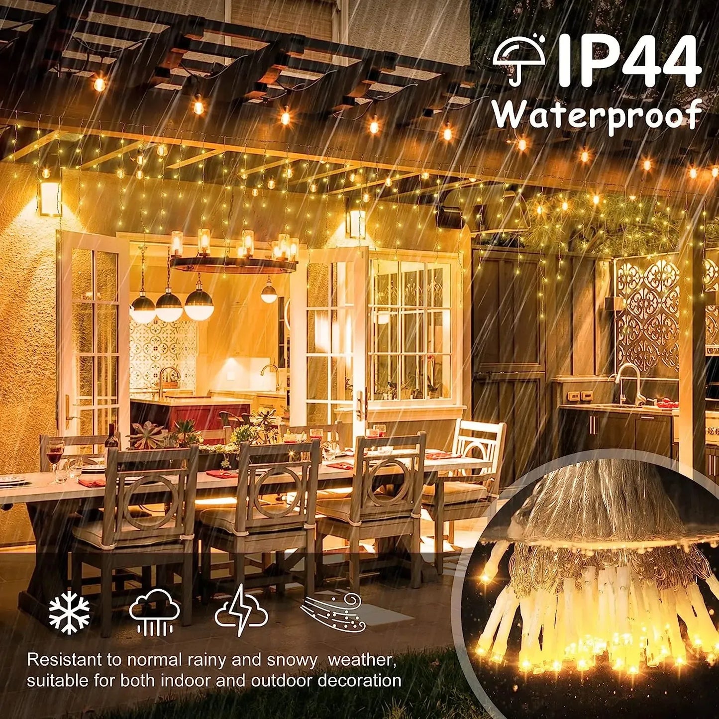 LED Icicle Curtain Fairy Lights Outdoor – Warm White Flash String Light