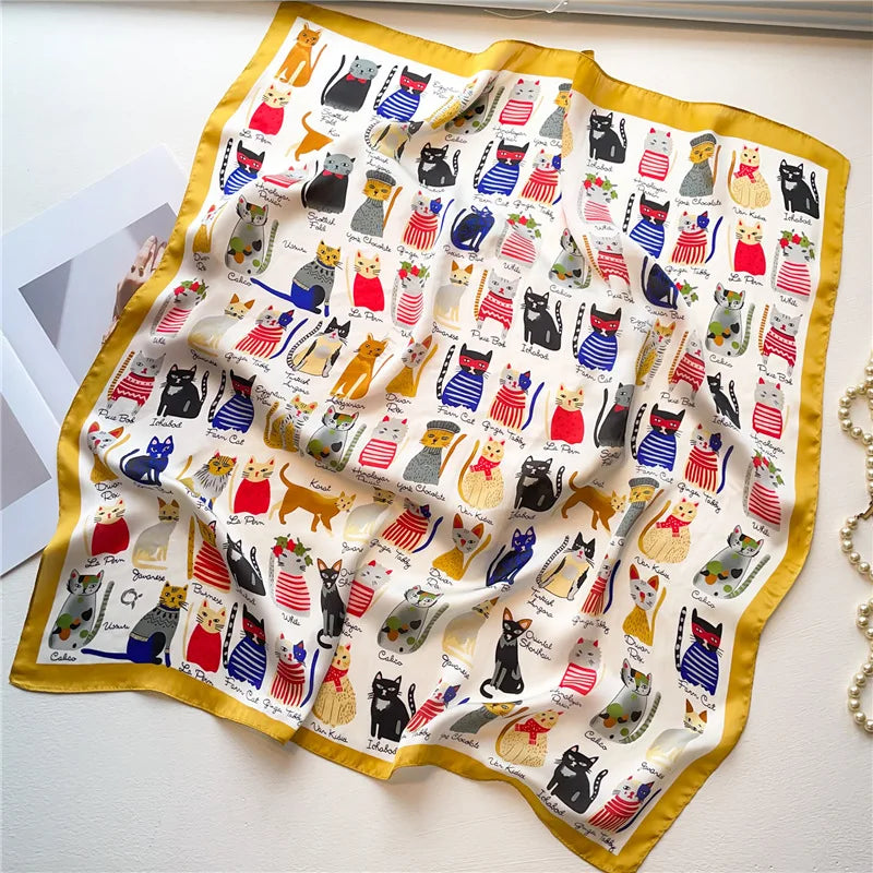 Satin Square Scarf Women Cute Cat Print Headscarf Neckerchief