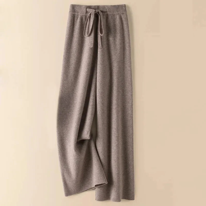 Knit Wide-Leg Pants for Women – Warm Elastic Waist Straight Trousers