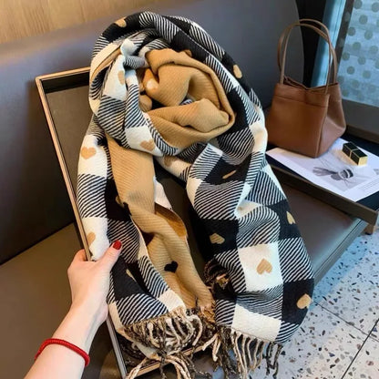 Women's Heart Pattern Plaid Blanket Scarf with Tassels