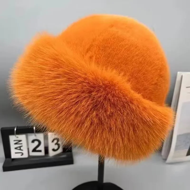 Faux Fur Winter Hat for Women – Fluffy Warm Bucket Cap