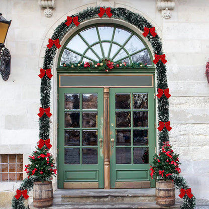 Christmas Garland with Red Bows – Artificial Tinsel Decoration