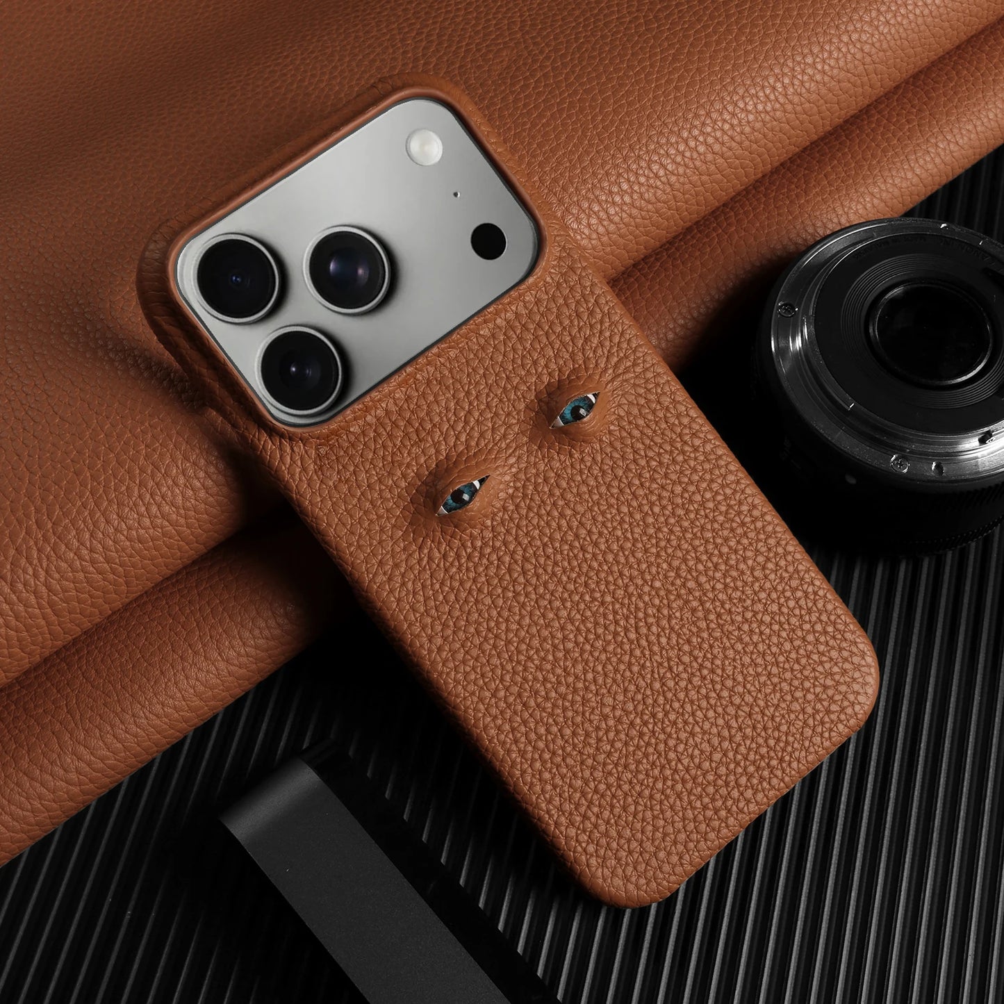 Eyes Lychee Genuine Leather iPhone Case