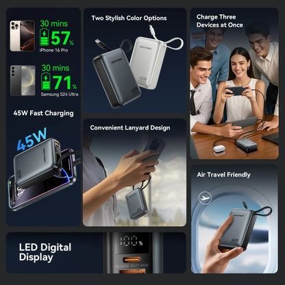 Vention 20000mAh Power Bank 45W Fast Charging with Built-In USB-C Cable
