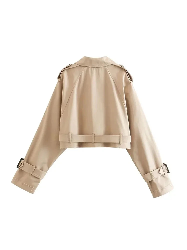 Cropped Trench Jacket Women Double Breasted Belt Streetwear