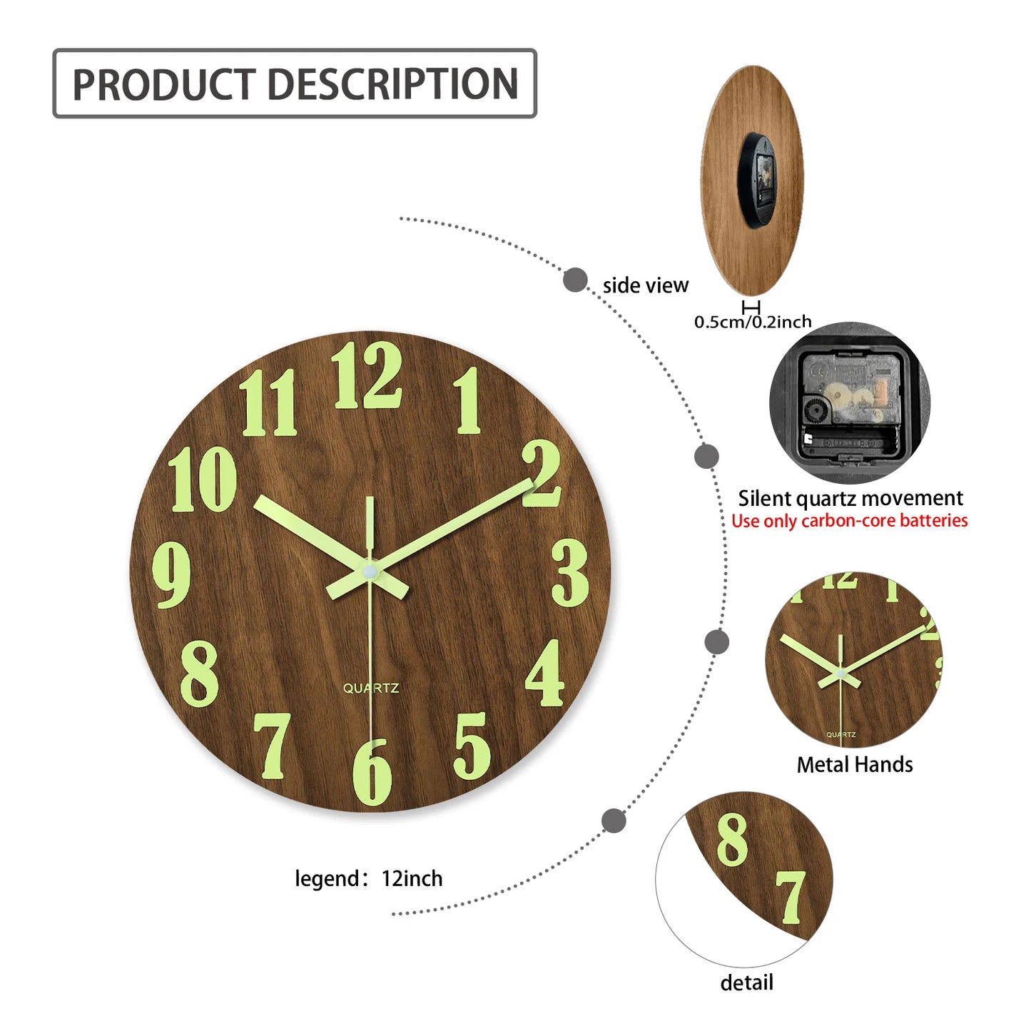 Luminous Wooden Wall Clock Silent Non-Ticking Nordic Style