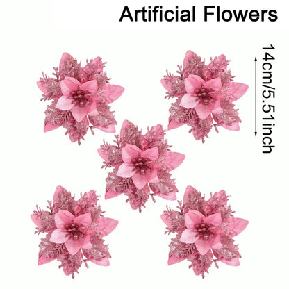 Glitter Artificial Poinsettia Christmas Tree Ornaments