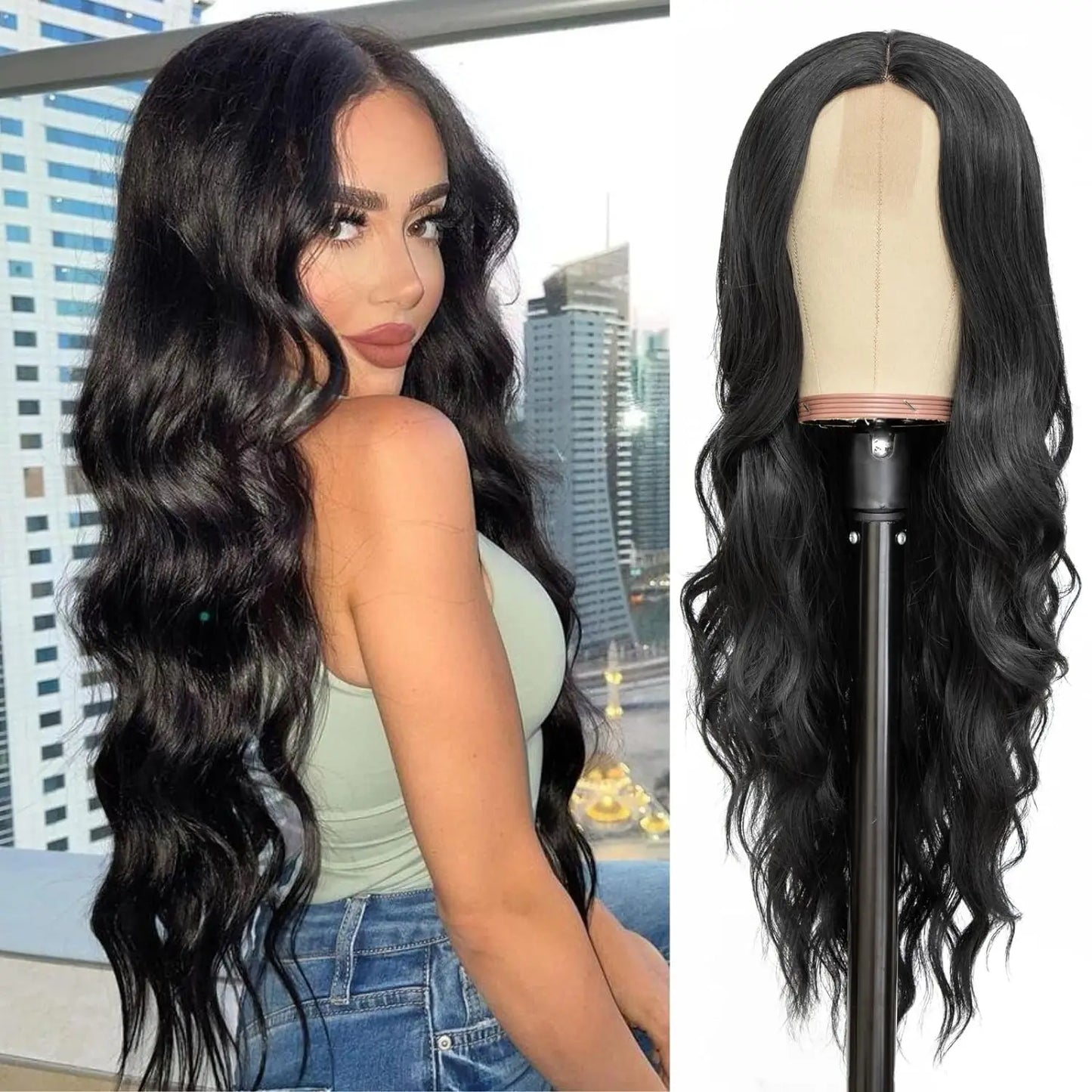 Synthetic Lace Wig 26 Inch – Long Wavy Curly Middle Part Heat Resistant