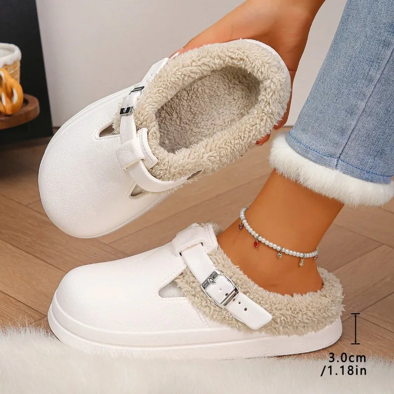 Waterproof Furry Mule Slippers – Women's Winter Clogs with Buckle