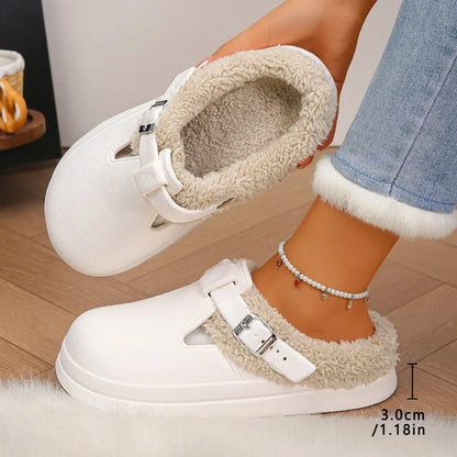 Waterproof Furry Mule Slippers – Women's Winter Clogs with Buckle
