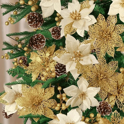 Glitter Artificial Christmas Poinsettia Flowers – 8 or 16 Piece Set