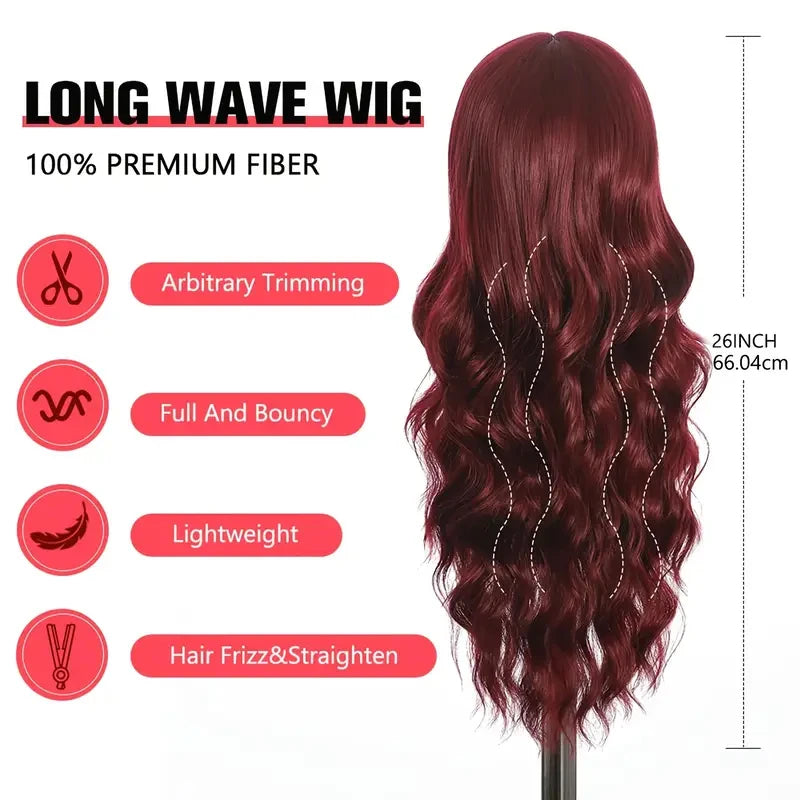 Long Wavy Synthetic Wig with Bangs – 26 Inches, Multiple Colors