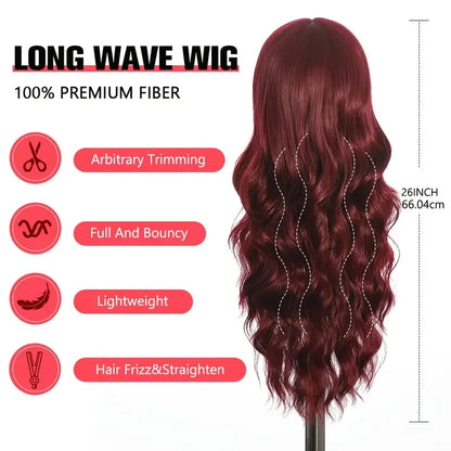 Long Wavy Synthetic Wig with Bangs – 26 Inches, Multiple Colors