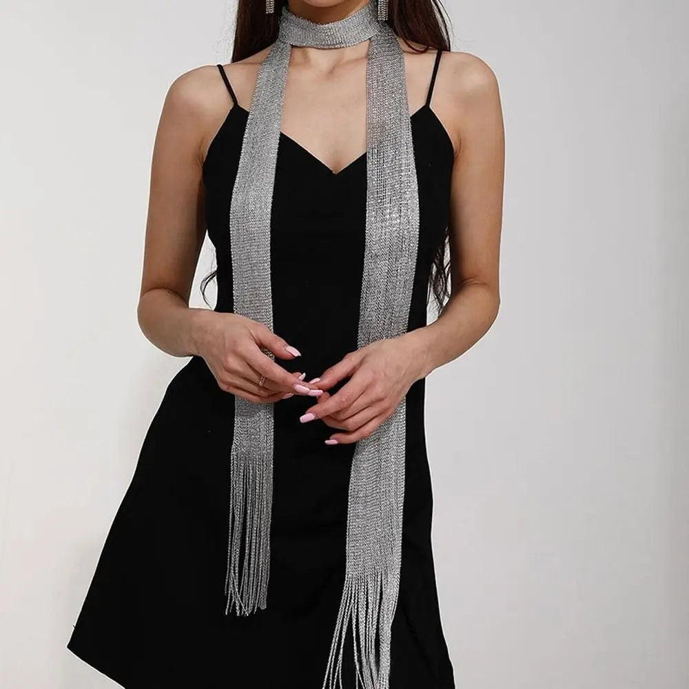 Shiny Tassel Scarf Necklace for Women – Glitter Party Evening Wrap