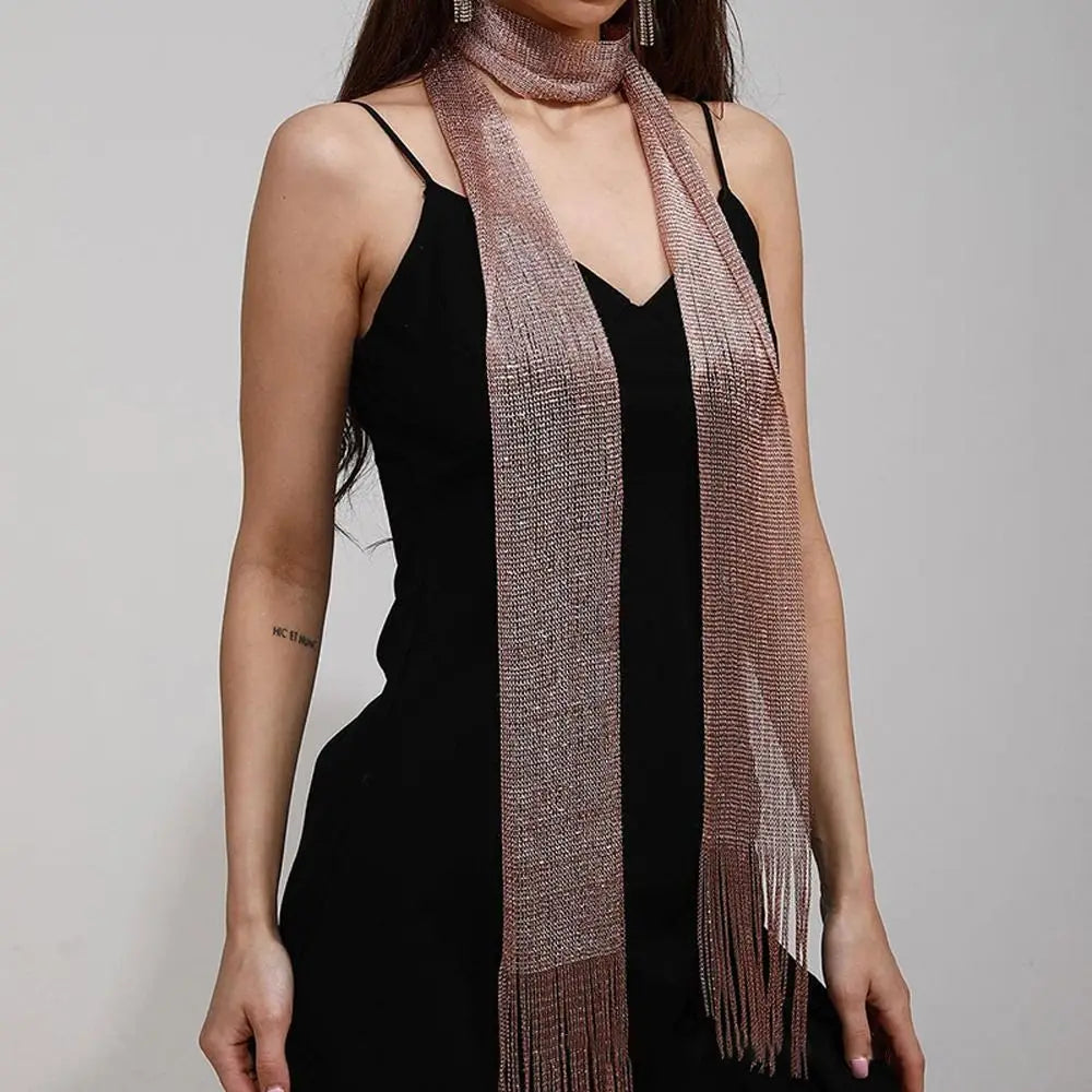 Shiny Tassel Scarf Necklace for Women – Glitter Party Evening Wrap