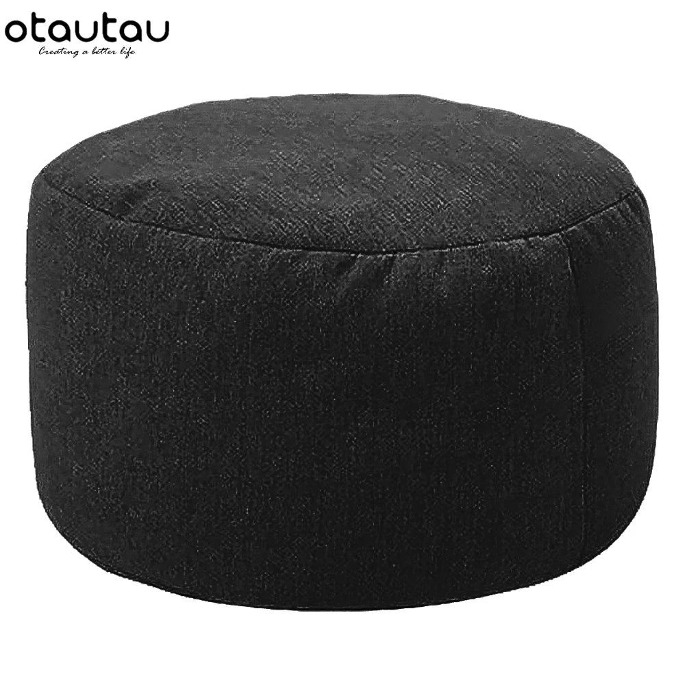 Round Linen Pouf Ottoman – Bean Bag Footstool Floor Cushion