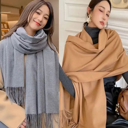 Cashmere-Feel Solid Scarf – Women's Warm Winter Wrap with Fringe