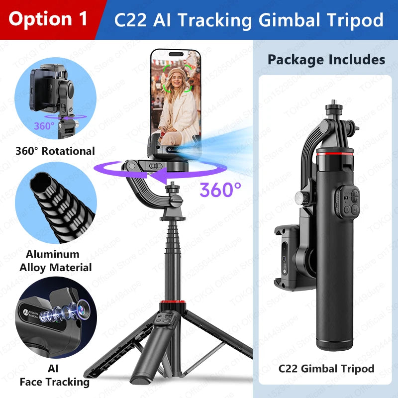 C22 AI Face Tracking Gimbal Stabilizer – 360° Selfie Stick Tripod