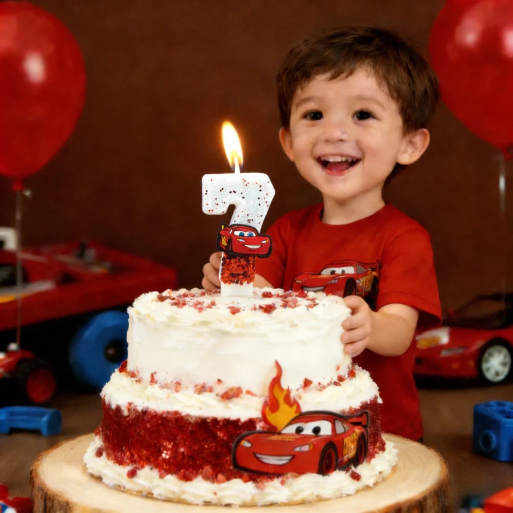 Lightning McQueen Birthday Candle – Number 0-9 Glitter Cake Topper for Kids