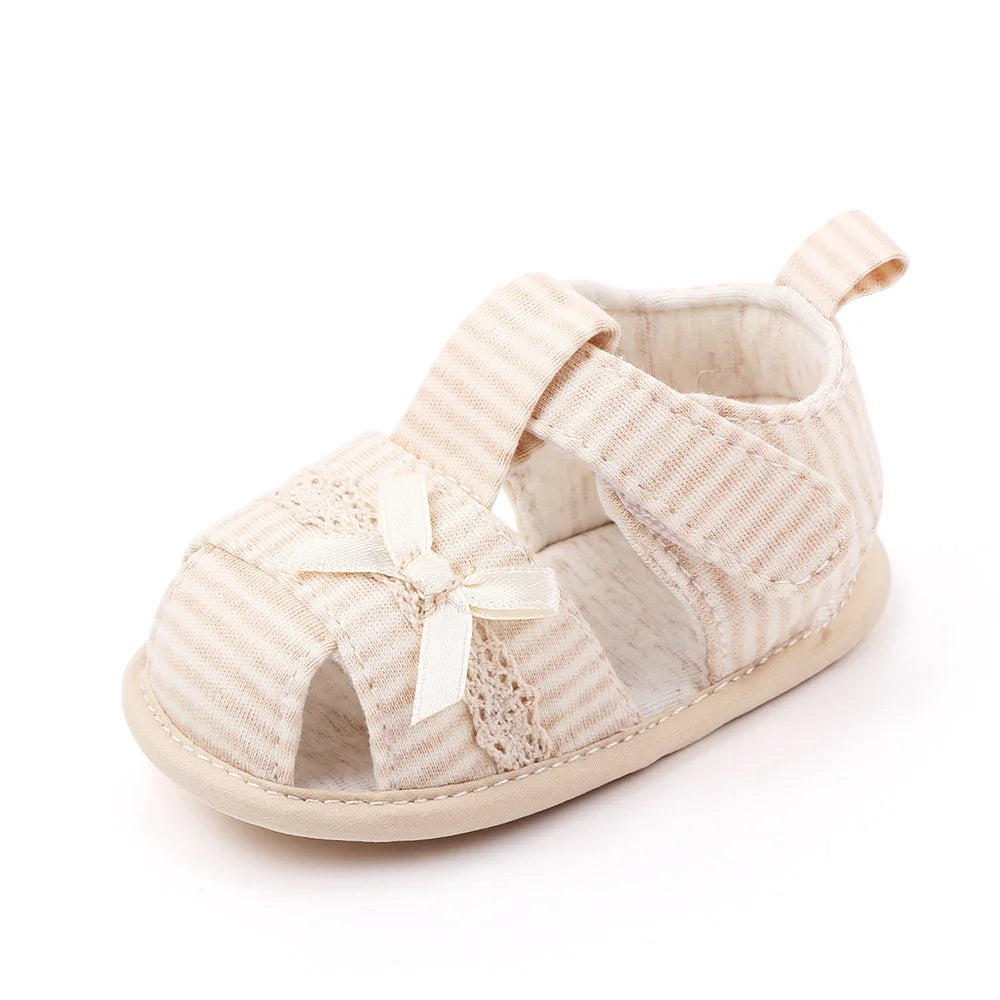 Baby Girl Cotton Sandals – Breathable Bow Toe-Covered 0–18 Months