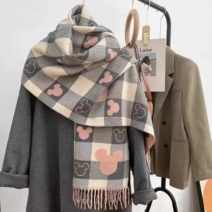 Cashmere Winter Scarf for Women – Bear Print Plaid Shawl with Tassel