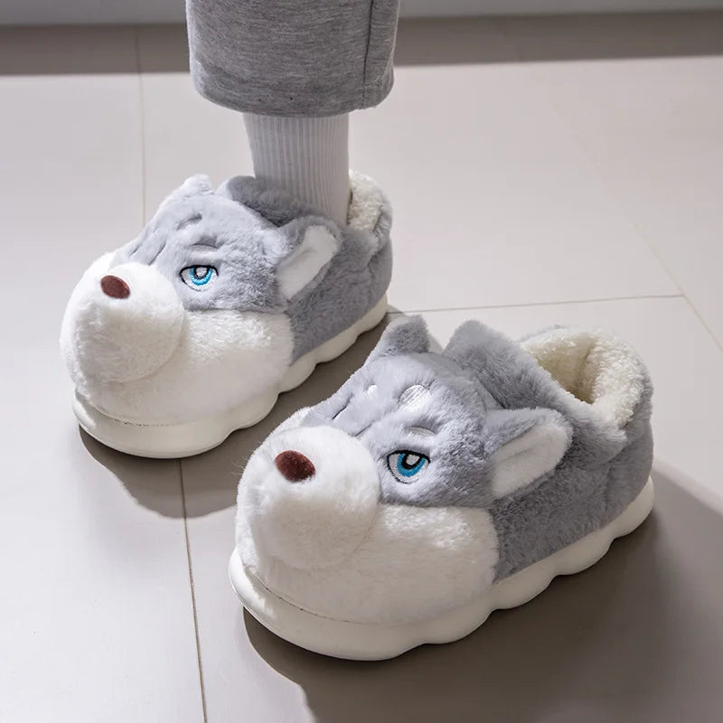 Husky Dog Fluffy Slippers – Cute Cartoon Indoor House Shoes