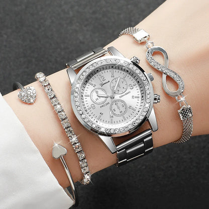 Women's Quartz Watch & Bracelet Set – Rhinestone Luxury Gift