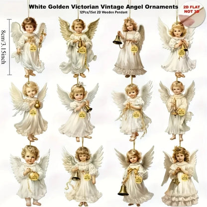 Vintage Christmas Angel Wooden Ornaments – Set of 12