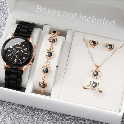 Women's Quartz Watch & Jewelry Set with Silicone Band