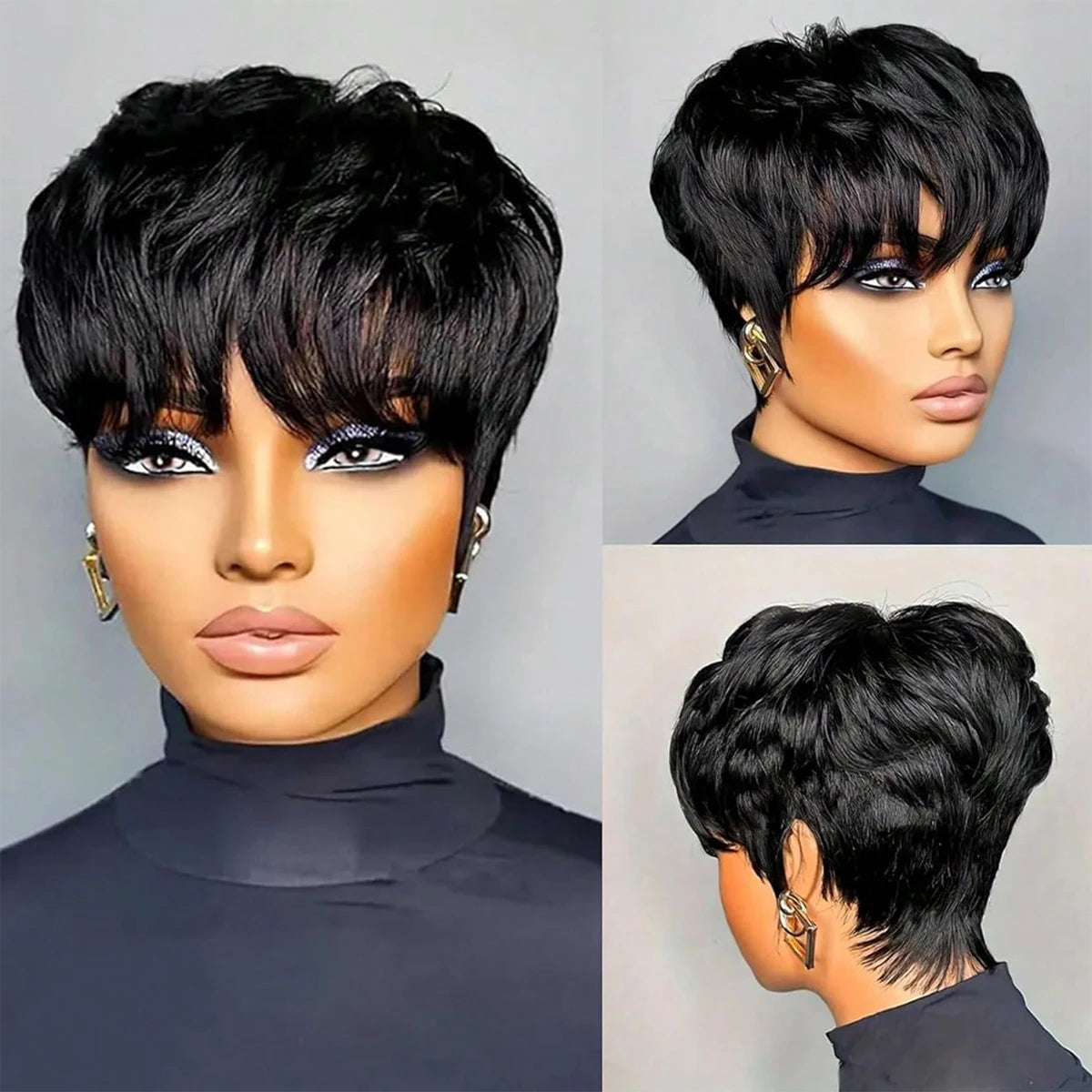 Pixie Cut Short Bob Wig with Bangs Glueless Natural Black