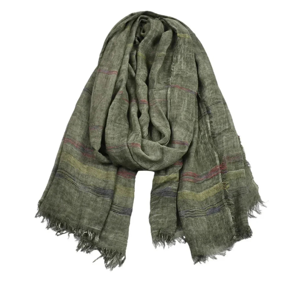 Men's Cotton Linen Striped Scarf with Tassels – Long Shawl Wrap