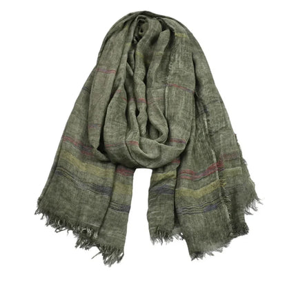 Men's Cotton Linen Striped Scarf with Tassels – Long Shawl Wrap