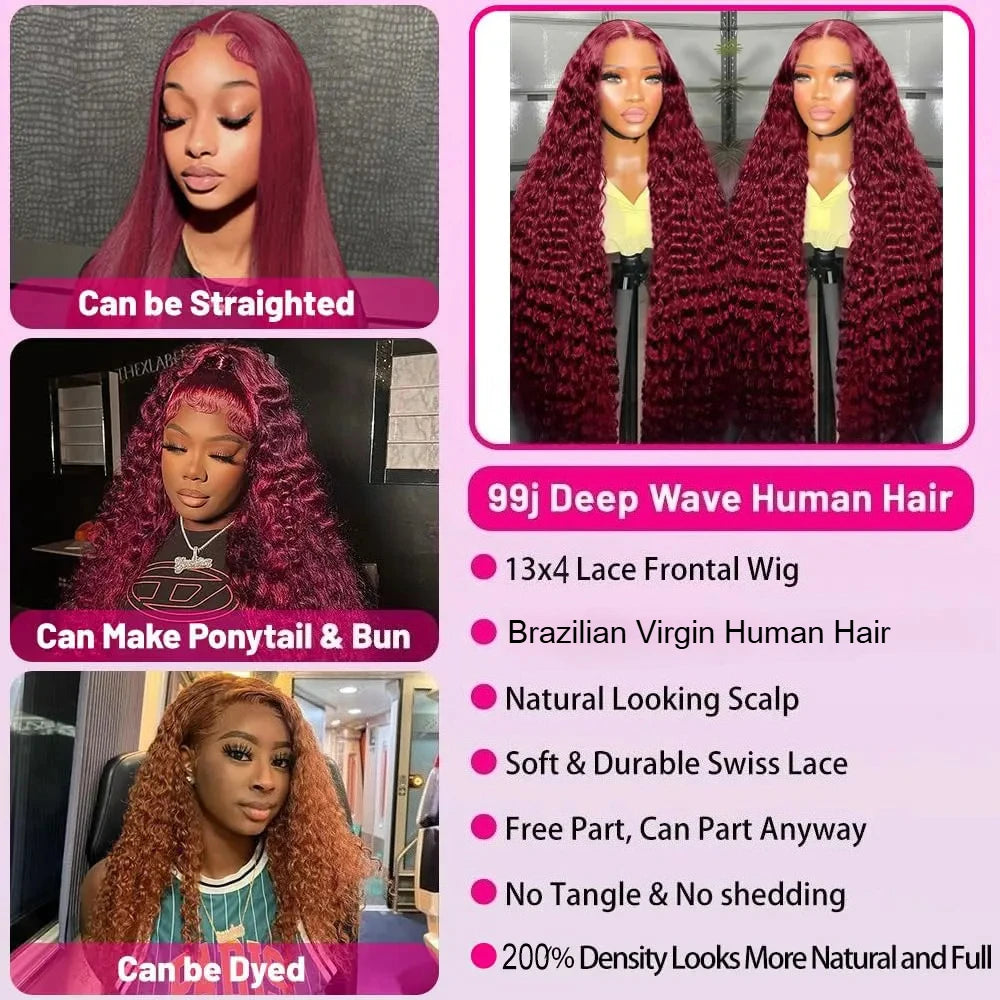 Burgundy 99J Deep Wave Lace Front Wig Human Hair 13x4