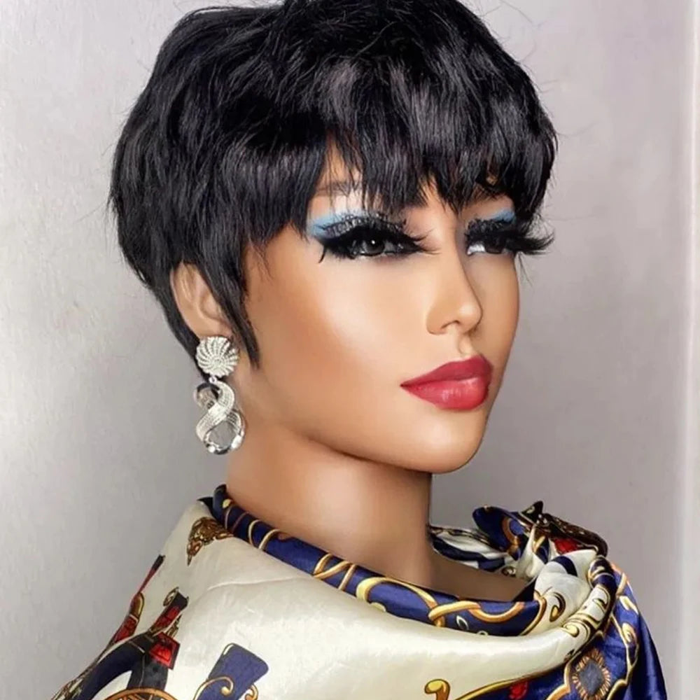 Short Pixie Cut Human Hair Wig with Bangs for Black Women
