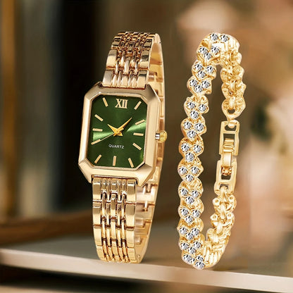 Women's Rectangle Quartz Watch & Rhinestone Bracelet Set