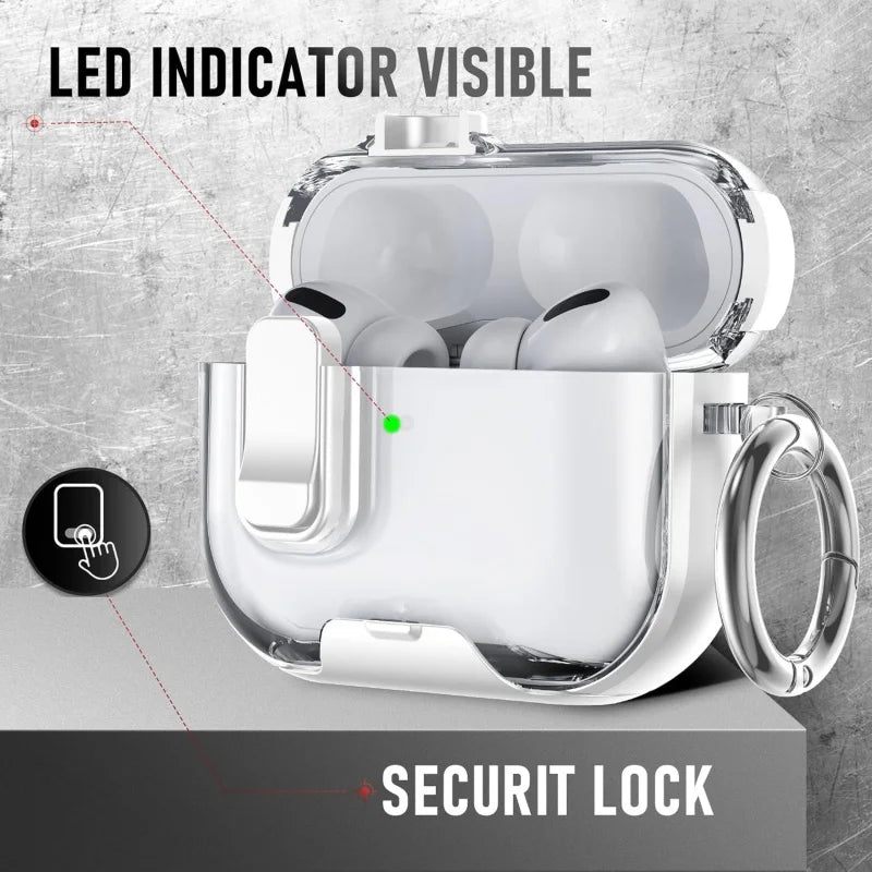 Clear AirPods Pro 3 Case Shockproof TPU Cover with Lock & Carabiner Ring