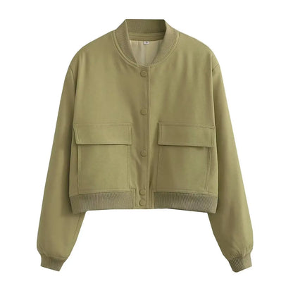 Women's Bomber Jacket with Pockets – Single Breasted Long Sleeve Coat