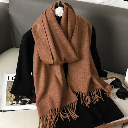 Women's Solid Cashmere Winter Scarf with Tassels – Warm Shawl Pashmina