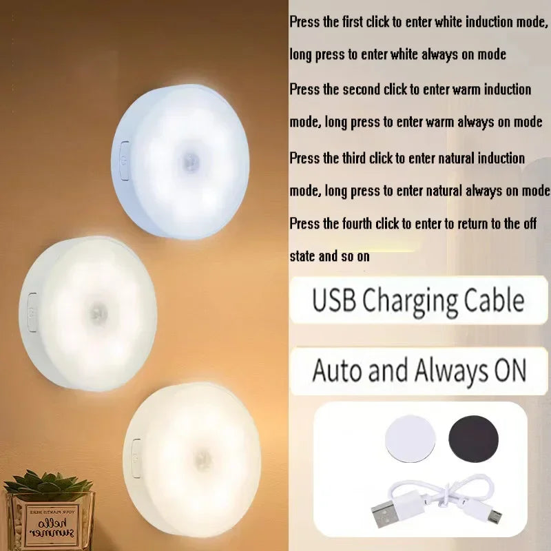 Motion Sensor LED Night Light USB Rechargeable 3 Color Modes (2–6 Pack)