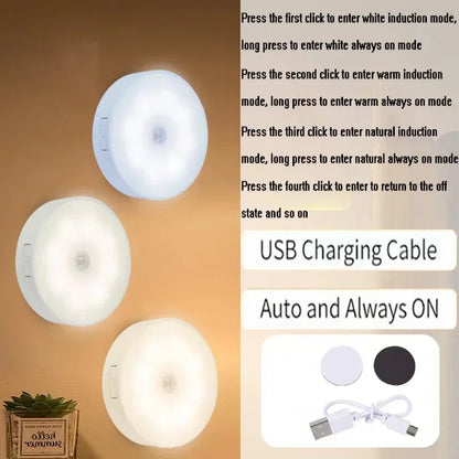 Motion Sensor LED Night Light USB Rechargeable 3 Color Modes (2–6 Pack)