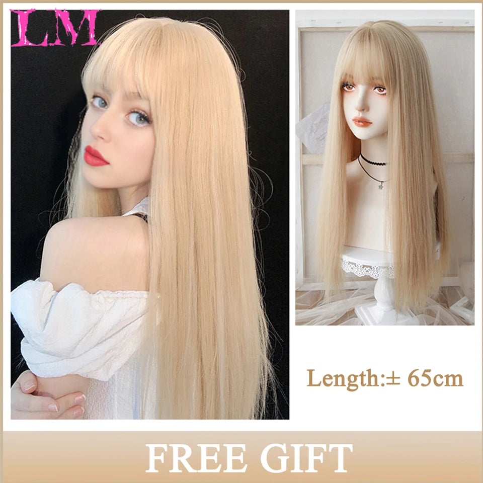 Cosplay Synthetic Wig with Bangs – Long Straight 24 Inch, Heat Resistant